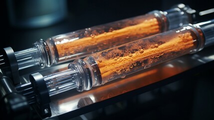 A shiny pair of perm rods immersed in a clear chemical solution, ready for a hair treatment. - obrazy, fototapety, plakaty