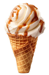 Close-up image of a single scoop of vanilla ice cream with a rich caramel sauce topping in a waffle cone, isolated on a transparent background