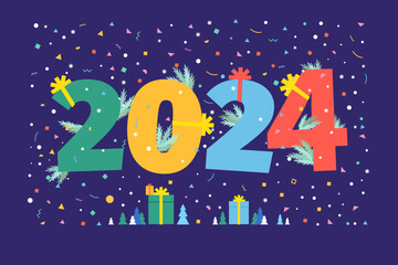 New Year party card. Numbers 2024. Flat design