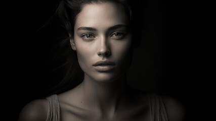 Portrait of a beautiful young woman on a dark background. Beauty, fashion.