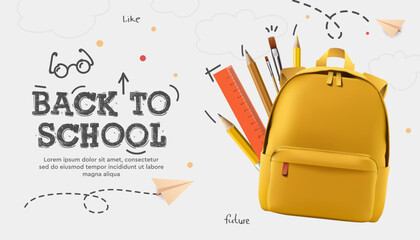 Back to school banner, poster. Yellow backpack, stationery, paper airplanes, doodle drawing, vector illustration - obrazy, fototapety, plakaty