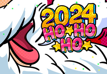 Open mouth of Santa Claus with 2024 message. New year and Christmas card.
