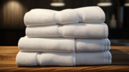 Obraz na płótnie Canvas A stack of plush white towels neatly folded on a spa table,