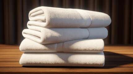 Obraz na płótnie Canvas A stack of plush white towels neatly folded on a spa table,