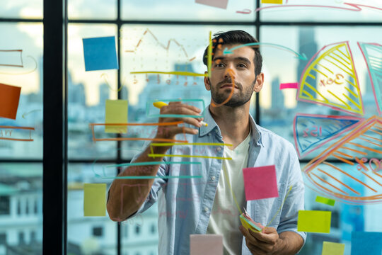 Portrait of young handsome businessman writing marketing idea by using colorful marker on glass wall with graph and mind map. Manager sharing idea or financial strategy. Business plan. Tracery.