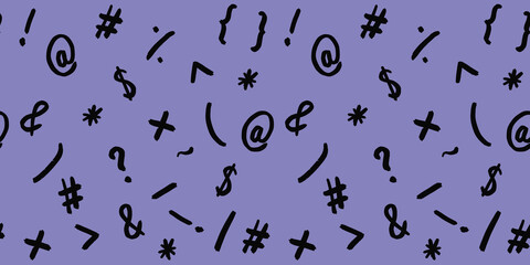 pattern with the image of keyboard symbols. Punctuation marks. Template for applying to the surface. pastel blue violet background. Horizontal image. Banner for insertion into site.