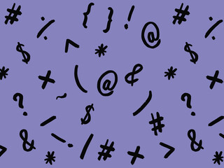 pattern with the image of keyboard symbols. Punctuation marks. Template for applying to the surface. pastel blue violet background. Horizontal image.
