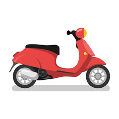 Retro moped. Vintage red scooter side view. Moped for delivery. Ecological city transport. Vector illustration flat design. Isolated on white background.