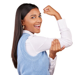 Arm, flex and portrait of woman with happy for winner or success isolated on png transparent...