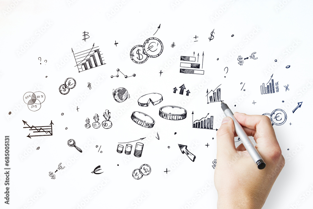 Poster hand illustrating diverse business concepts with marker on white background. strategy and planning c
