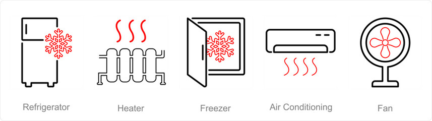 A set of 5 Home Appliance icons as referigerator, heater, freezer