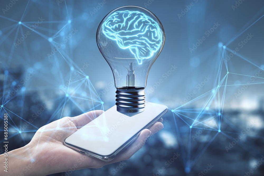 Poster Brain in lightbulb hovering over a smartphone. Digital learning and AI concept