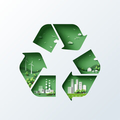 Recycle symbol of Sustainability in green eco city, alternative energy and ecology conservation concept background. Vector illustration in paper art craft style.