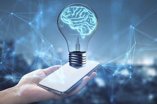 Brain in lightbulb hovering over a smartphone. Digital learning and AI concept
