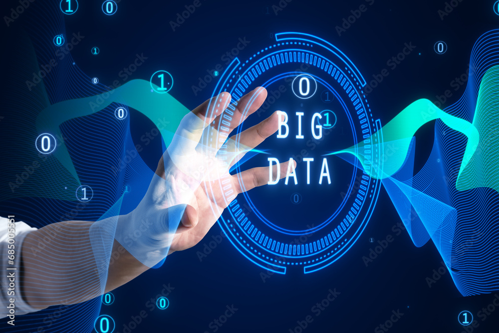 Poster Close up of businessman hand using abstract round big data hologram with binary code on dark background. Stream information, filtering machine algorithm concept.