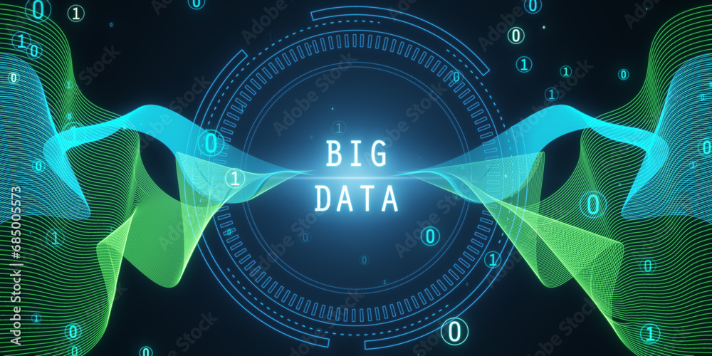 Leinwandbilder Abstract round big data hologram with binary code on dark background. Stream information, filtering machine algorithm concept. 3D Rendering.