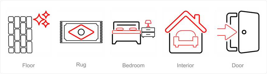 A set of 5 Home Interior icons as floor, rug, bedroom