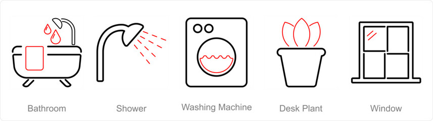 A set of 5 Home Interior icons as bathroom, shower, washing machine