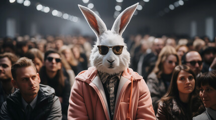 Rabbit in stylish suit on podium at fashion show. Wallpaper with animals in clothes. Generative AI