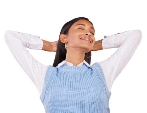 Relax, happiness and woman with a smile, chilling and satisfied girl isolated on a transparent background. Peaceful, model and girl content with freedom cheerful and carefree while leaning and png