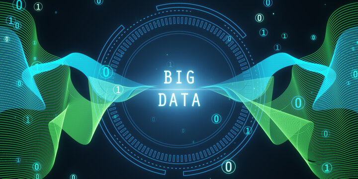 Abstract round big data hologram with binary code on dark background. Stream information, filtering machine algorithm concept. 3D Rendering.