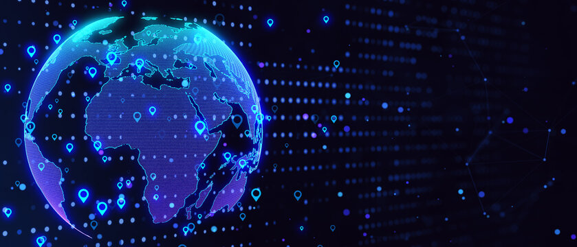 Glowing wide globe hologram with location pins on dark background. Elements of this image furnished by NASA. Marked location concept. 3D Rendering.