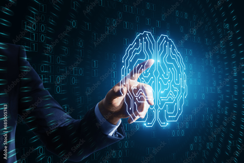 Poster Close up of businessman hand pointing at glowing brain hologram with binary coding on blue background. Programming, machine learning and artificial intelligence concept.