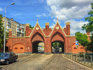Ancient Brandenburg Gate in Kaliningrad city - obrazy, fototapety, plakaty
