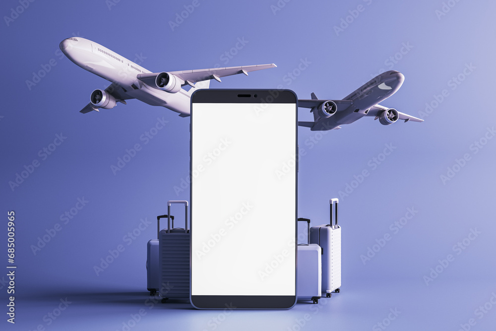Aufkleber blue travel setup with smartphone and airplanes on a cool background. online booking visualization. 