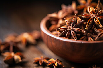 close up dried star anise in wooden bowl on wooden table