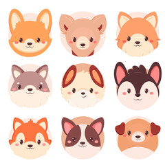 Set of kawaii member icon. Round stickers with cute cartoon dogs. Baby collection of avatar with puppy. Vector illustration EPS8