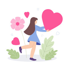 Girl holding heart. Concept of love, self-love. Design for Valentine's Day, family, donations. Vector illustration.