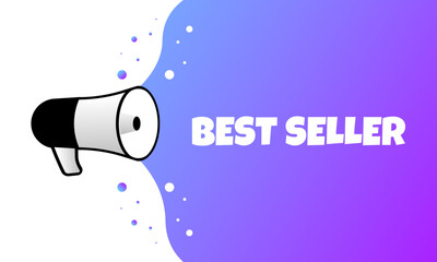 Best seller sign. Flat, purple, megaphone text, best seller icon. Vector icon