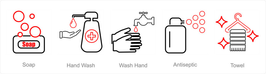 A set of 5 Hygiene icons as soap, hand wash, wash hand