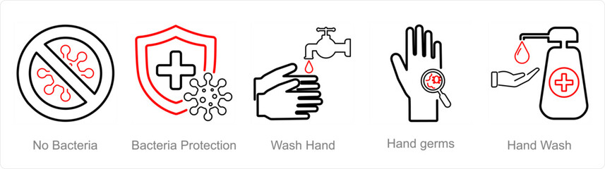 A set of 5 Hygiene icons as no bacteria, bacteria protection, wash hand