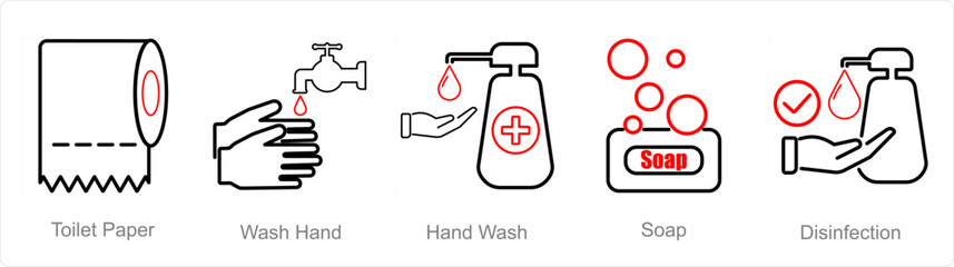 A set of 5 Hygiene icons as toilet paper, wash hand, hand wash