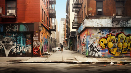 Naklejka premium Modern city of New York with graffiti on the building