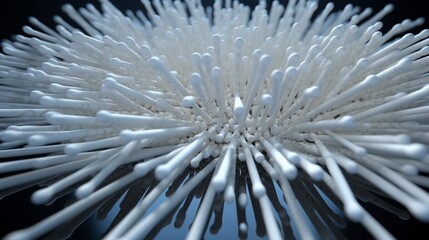 An artistic arrangement of cotton swabs on a reflective surface, creating an abstract and visually pleasing composition.