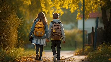 Girl and boy are going to school, rear view