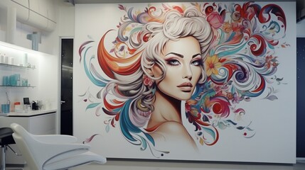 An artistically decorated feature wall in a beauty salon, showcasing unique wall art and a captivating design.