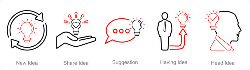 A set of 5 Idea icons as new idea, share idea, suggestion - obrazy, fototapety, plakaty