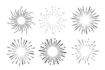 Set Fireworks, rays, sunburst frames circle border decoration, sparkle in doodle style, line sketch explosion isolated on white background.