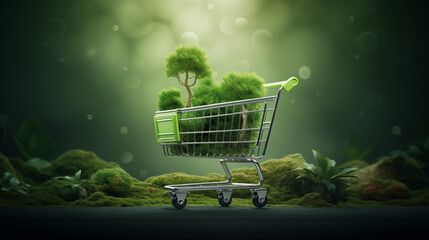 Shopping wagon cart in the organic forest. Eco, new tree, bio food, product, water, nature concept	
 - obrazy, fototapety, plakaty