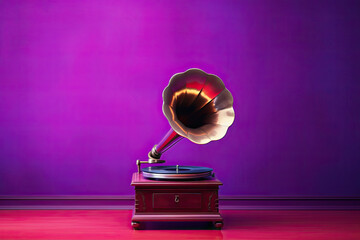 a vintage gramophone on a table and purple wall