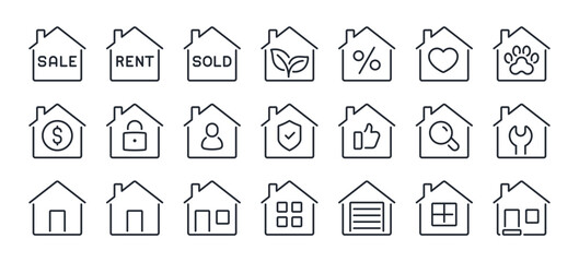 House sale, rent, sold, real estate, shelter, insurance, mortgage editable stroke outline icons set isolated on white background flat vector illustration. Pixel perfect. 64 x 64.