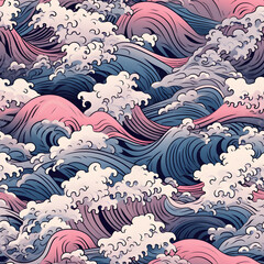 Ocean crashing  wave Japanese style seamless pattern background, AI generated