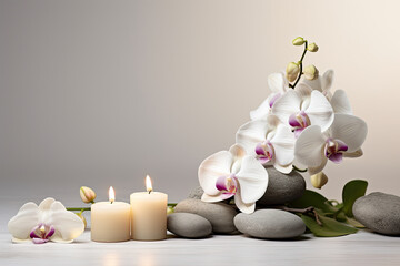 a white candle, flowers and stones. spa concept. relaxation