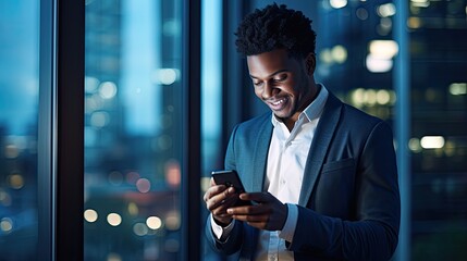 afro american business man in a suit checking his phone - obrazy, fototapety, plakaty