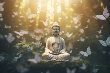 A tranquil Buddha statue amid a forest adorned with graceful white butterflies, embodying spiritual serenity and nature's gentle dance. Ai generated