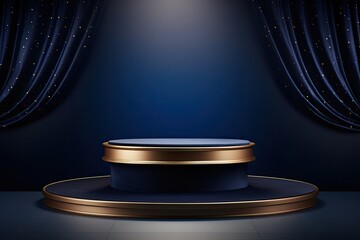 A photo featuring a sleek, geometric podium in a dark blue color beautiful curtains on the background